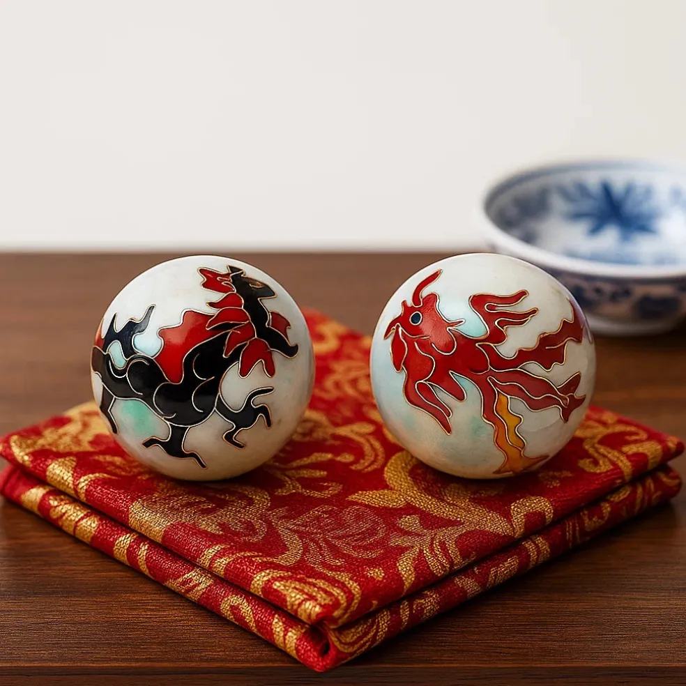 Boules Qi Gong Baoding Phénix et dragon - 3.5 cm