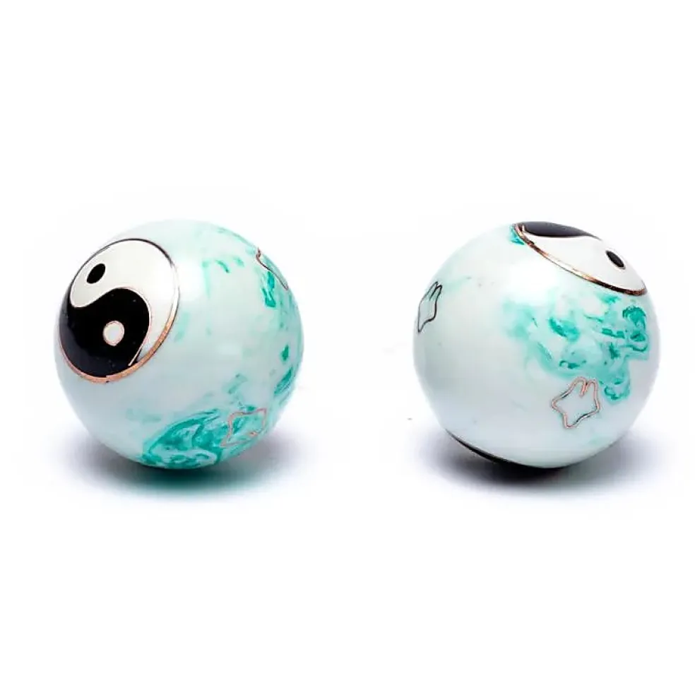 Boules Qi Gong Baoding Yin et Yang marbré vert - 4 cm