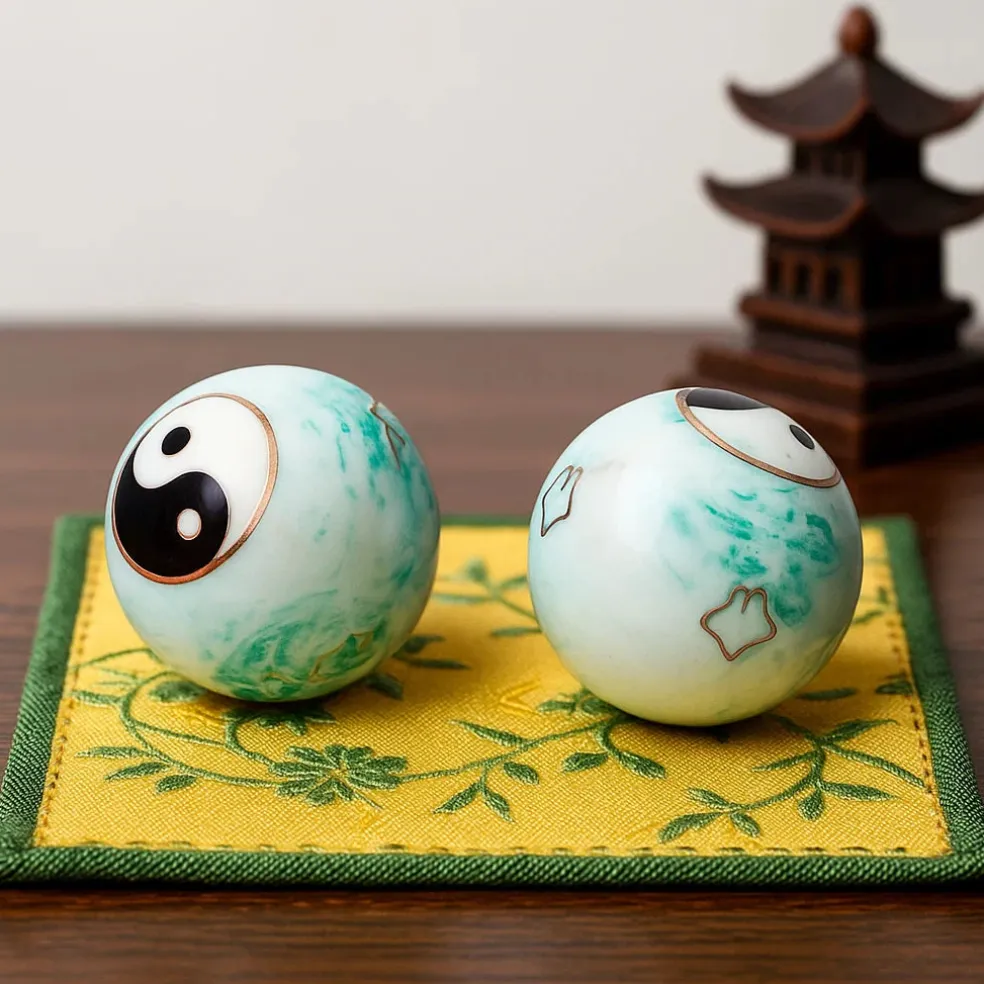 Boules Qi Gong Baoding Yin et Yang marbré vert - 4 cm