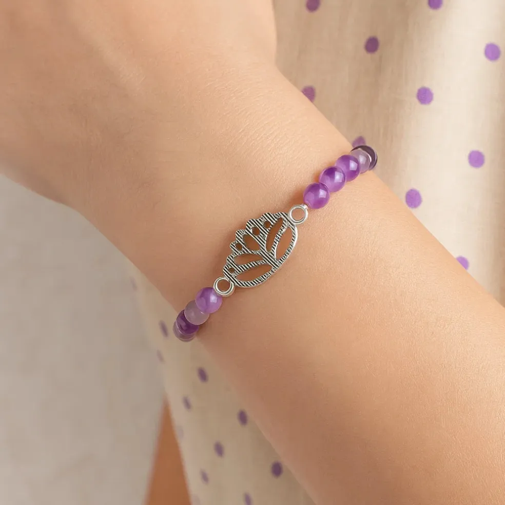 Bracelet Améthyste Chevron - Cristal de Roche | charm Lotus
