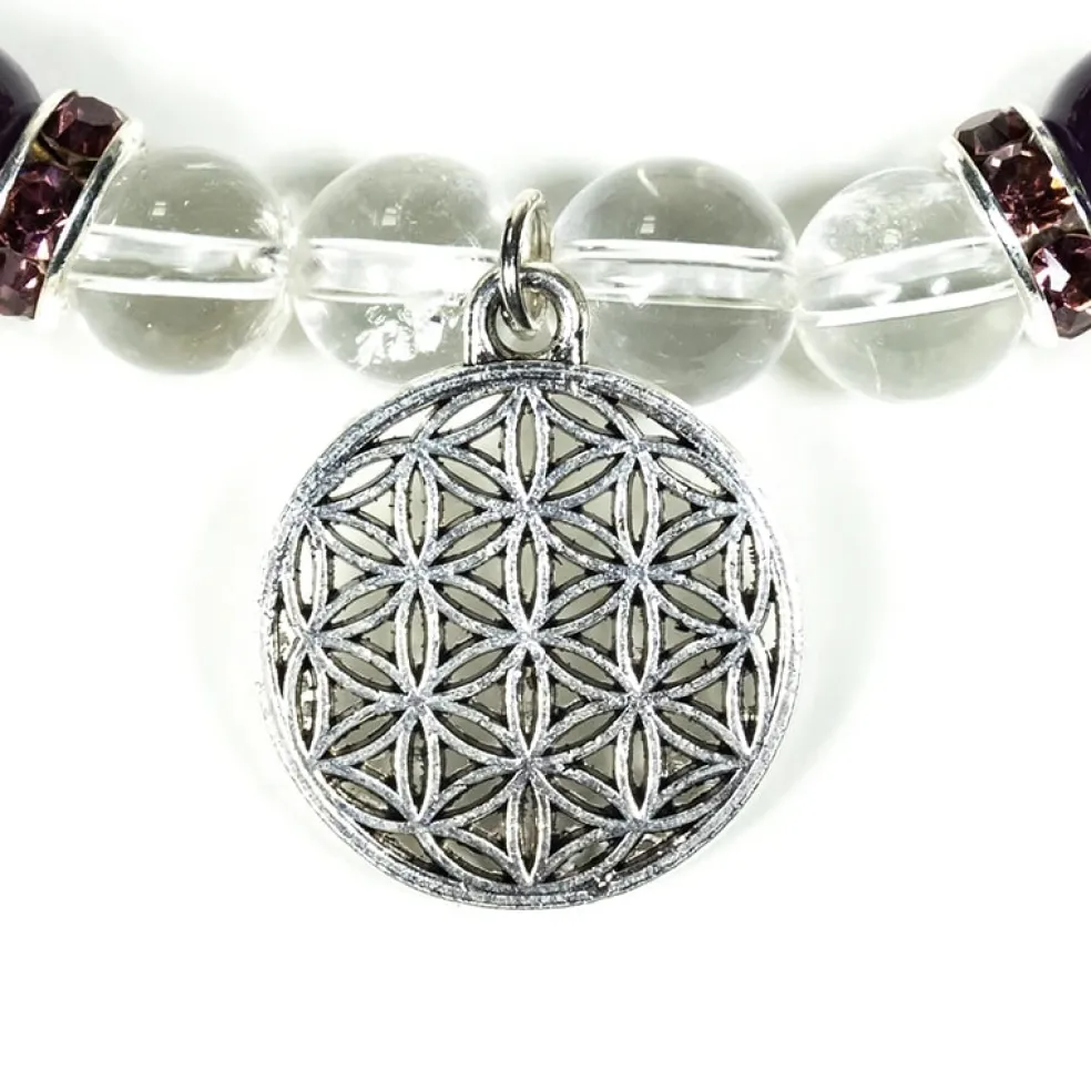 Bracelet Cristal de roche - Améthyste | charm Fleur de Vie