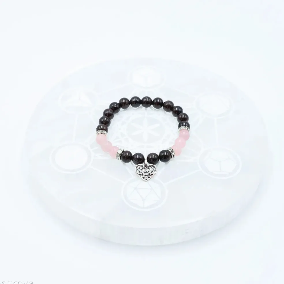 Bracelet Grenat - Quartz Rose | charm Coeur
