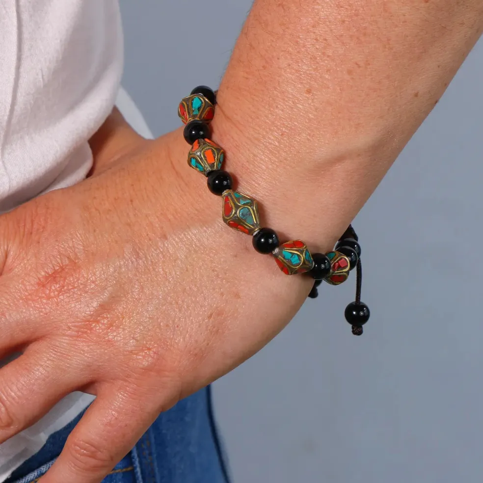 Bracelet Turquoise Corail et Agate noir Losange