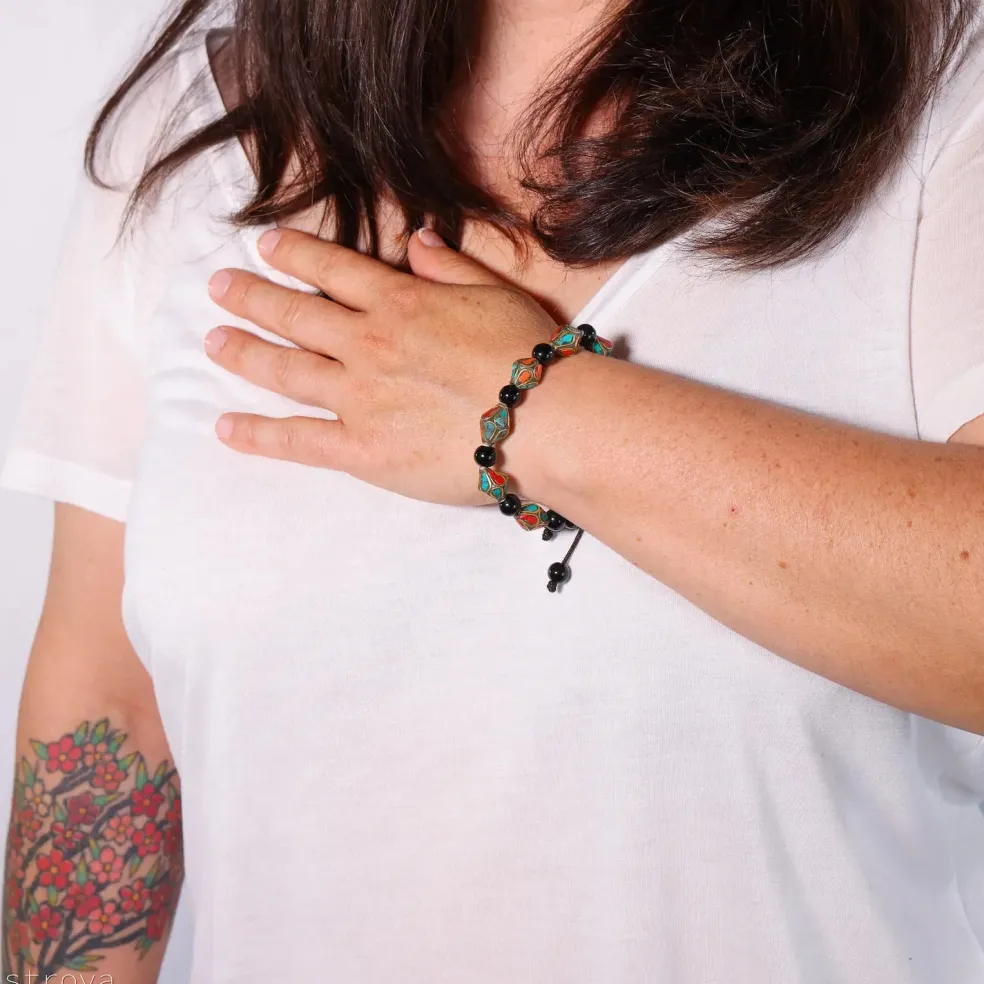 Bracelet Turquoise Corail et Agate noir Losange