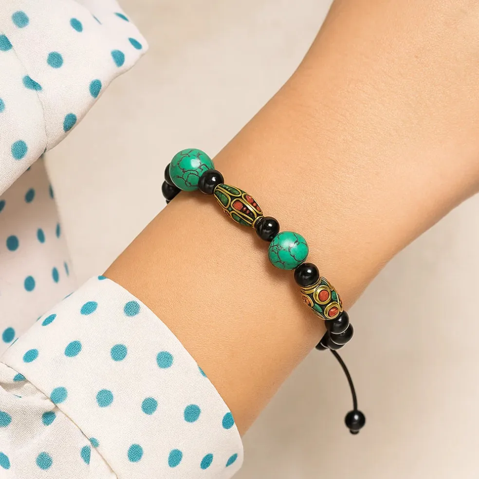 Bracelet Turquoise Corail et Agate noir ajustable - 13 mm