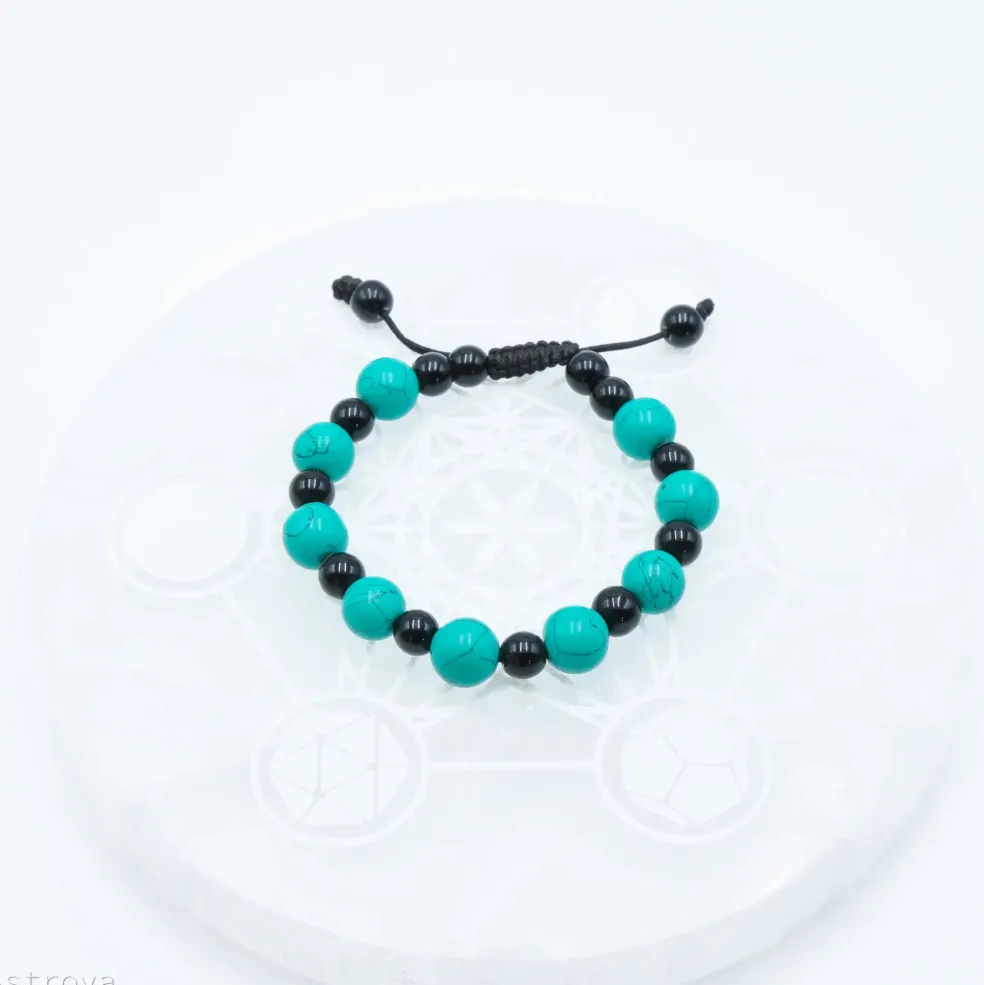 Bracelet Turquoise et Agate noir ajustable - 11 mm