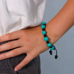 Bracelet Turquoise et Agate noir ajustable - 11 mm