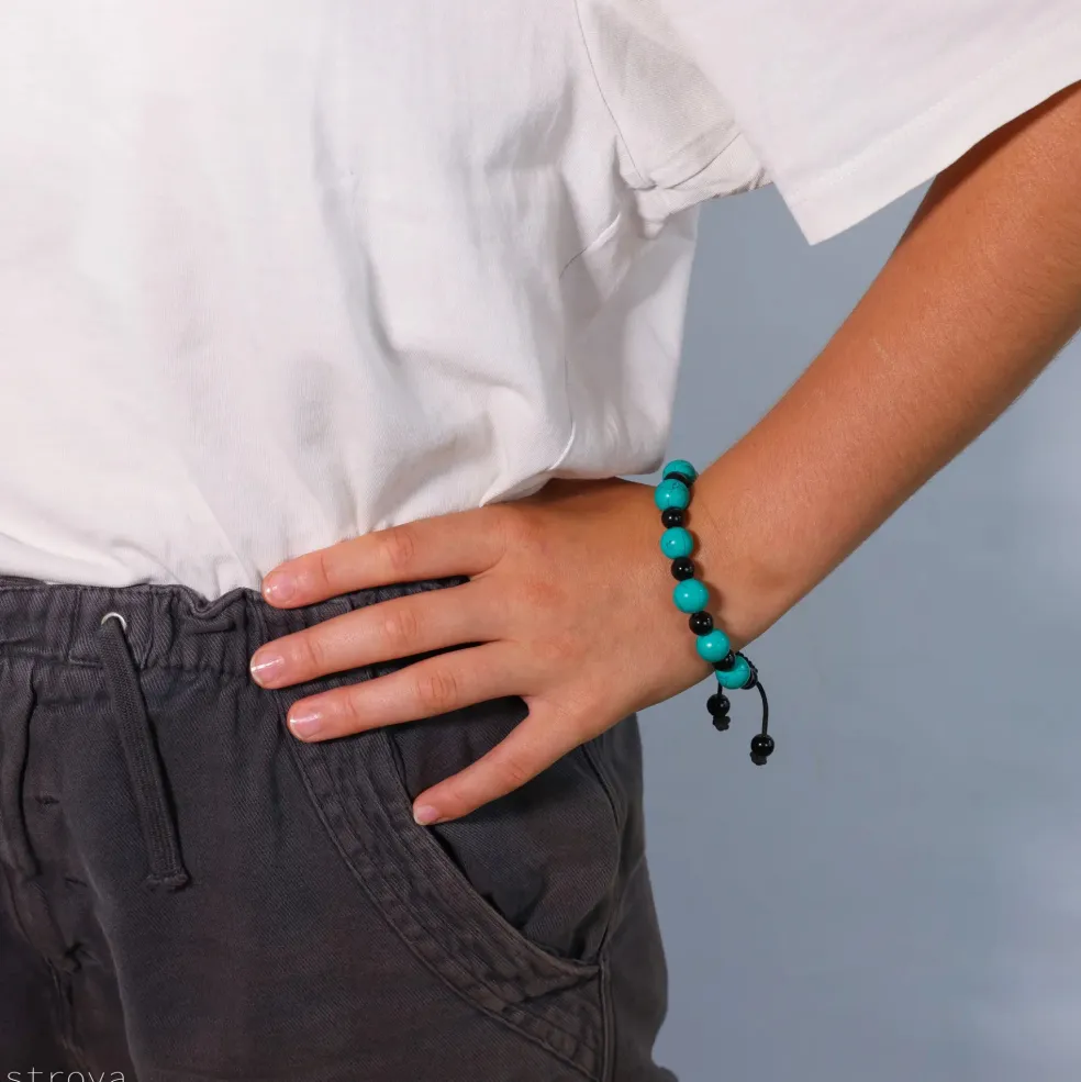 Bracelet Turquoise et Agate noir ajustable - 11 mm