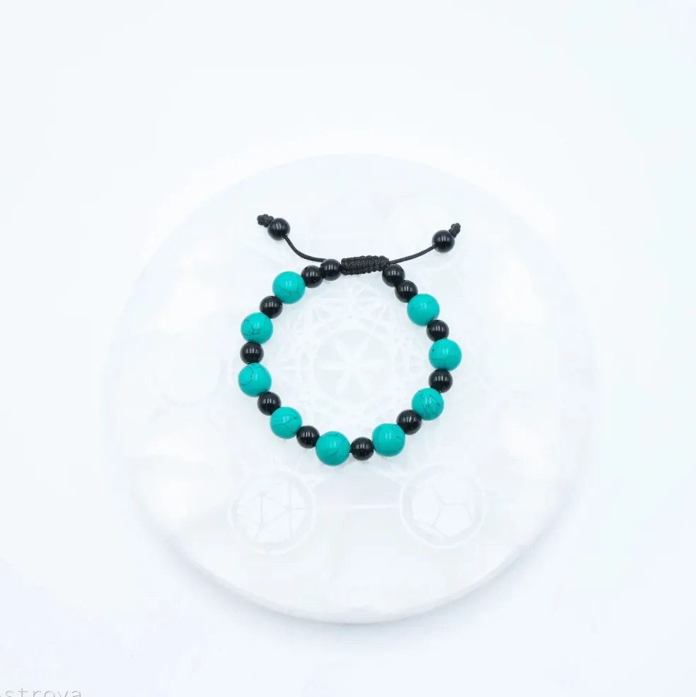 Bracelet Turquoise et Agate noir ajustable - 11 mm
