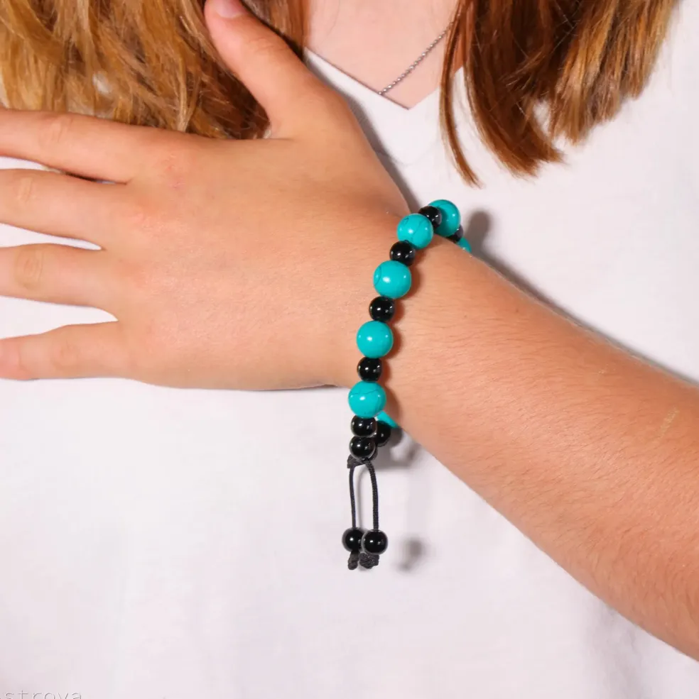 Bracelet Turquoise et Agate noir ajustable - 11 mm