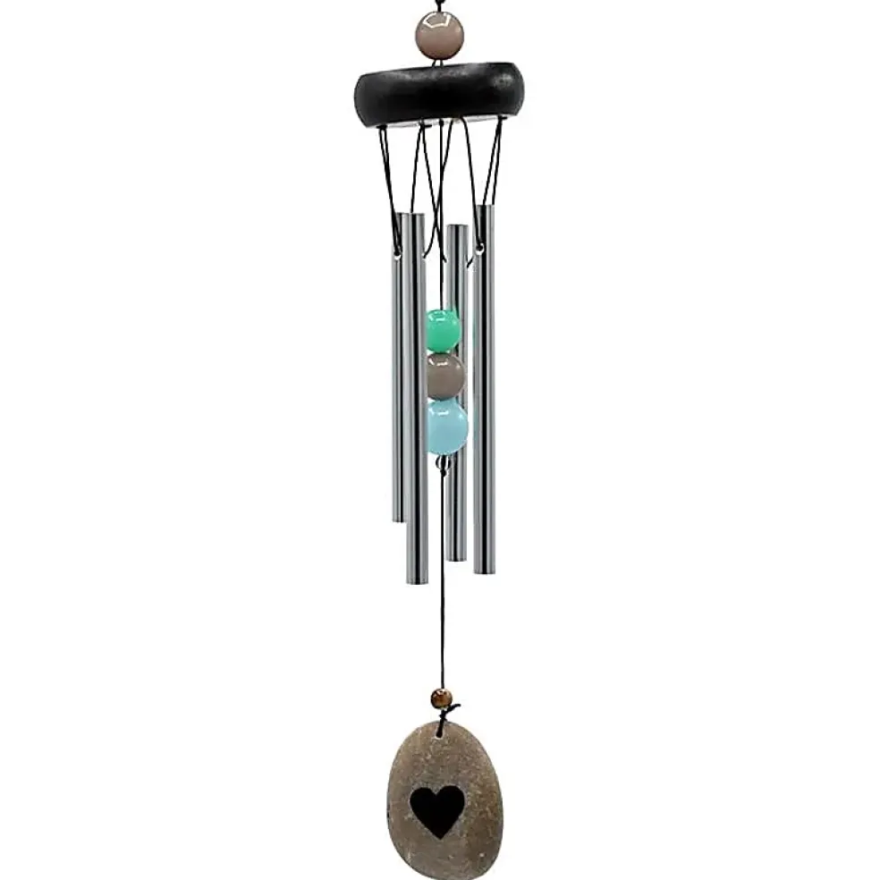 Carillon à vent 4 tubes alu, bois, perles et coeur - 35 cm