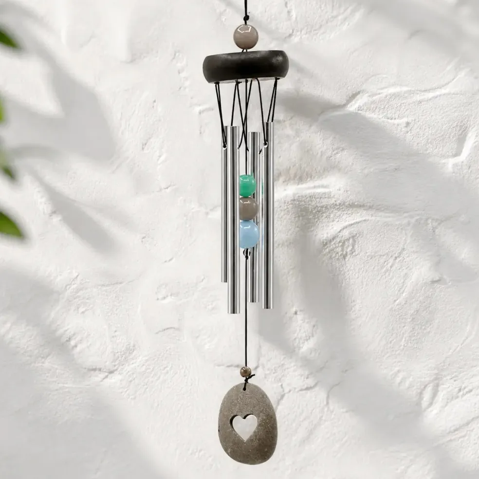 Carillon à vent 4 tubes alu, bois, perles et coeur - 35 cm