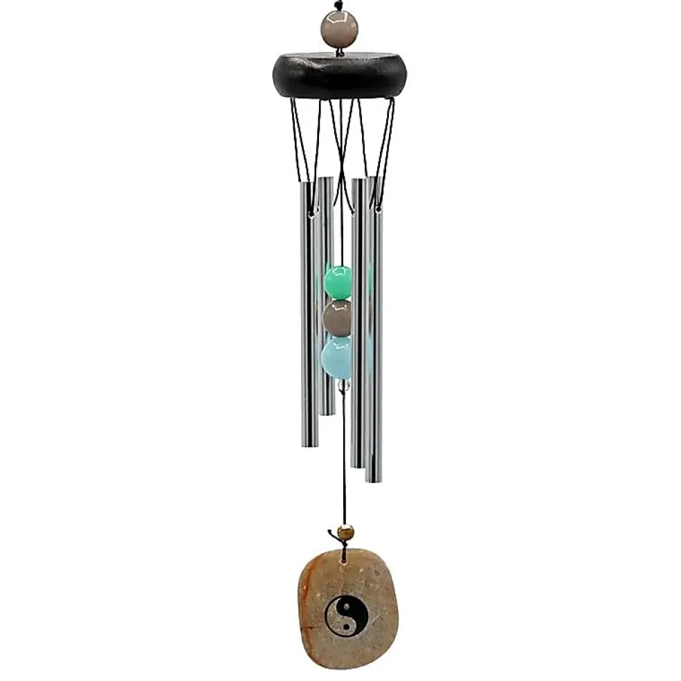 Carillon à vent 4 tubes alu, bois, perles et Ying-Yang - 35 cm