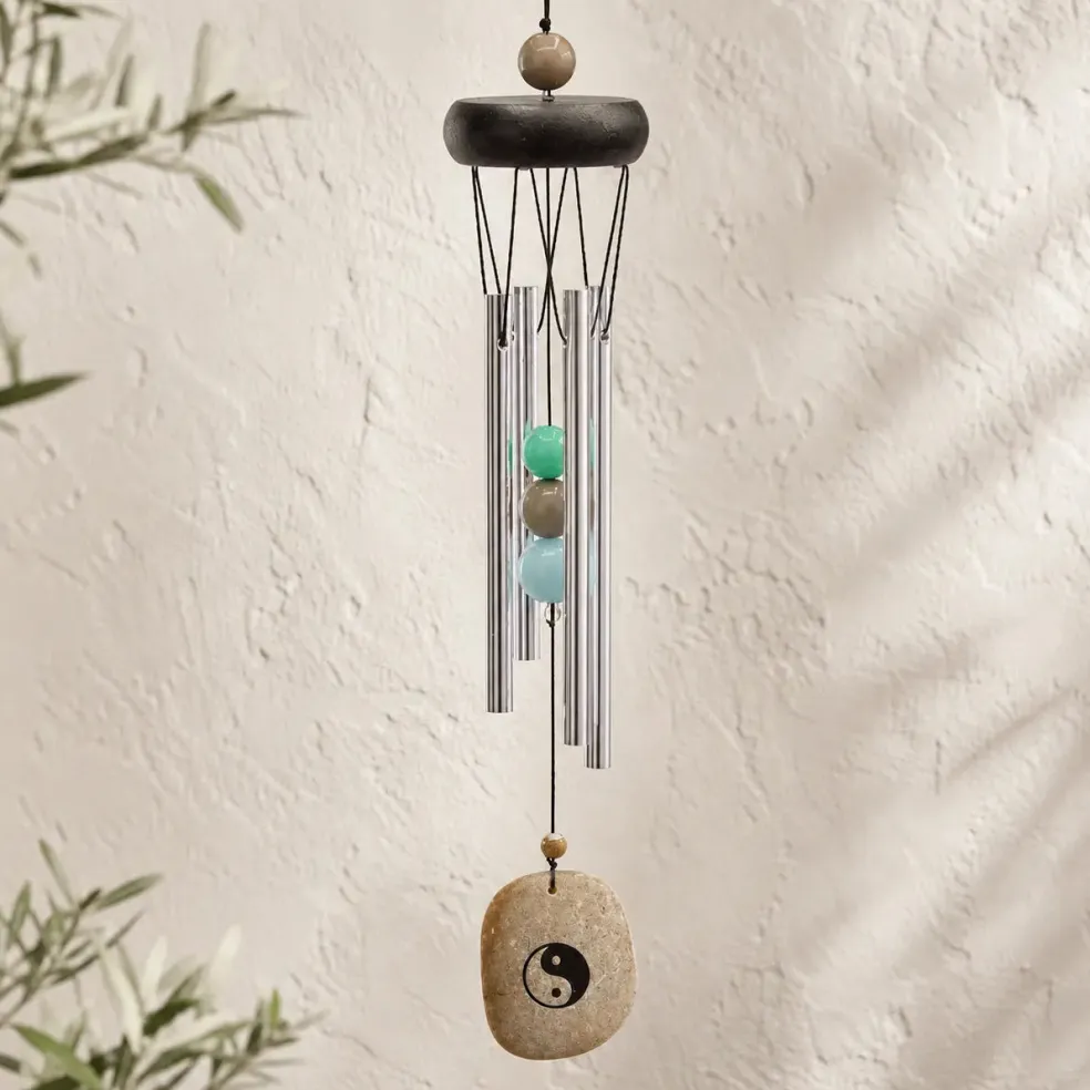 Carillon à vent 4 tubes alu, bois, perles et Ying-Yang - 35 cm