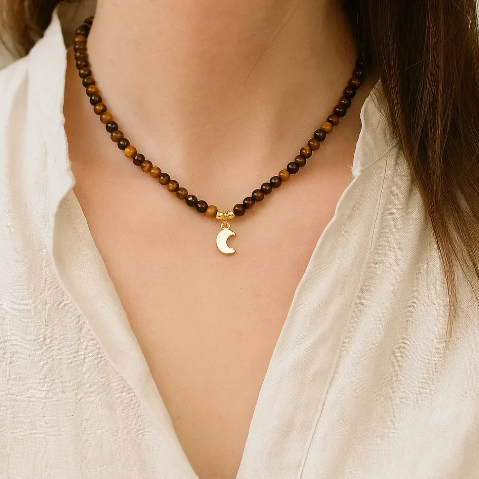 Collier Œil de tigre avec Pendentif Lune