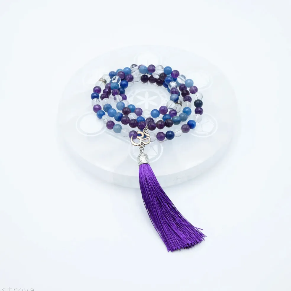 Mala Améthyste, Aventurine, Cristal de Roche avec Om | 108 perles