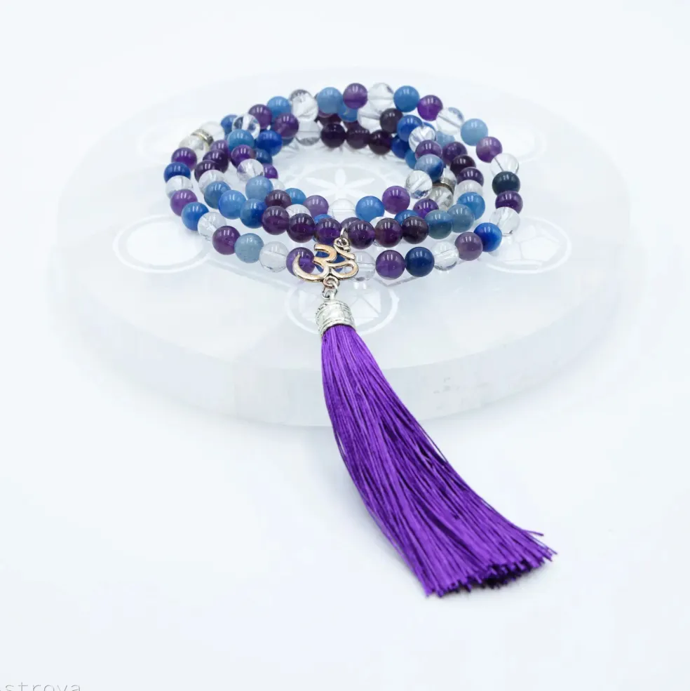Mala Améthyste, Aventurine, Cristal de Roche avec Om | 108 perles