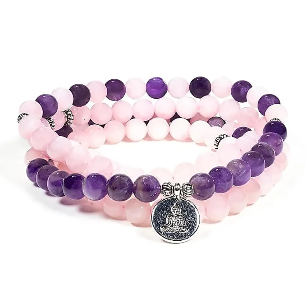 Mala Bouddha en quartz rose et améthyste | 108 perles