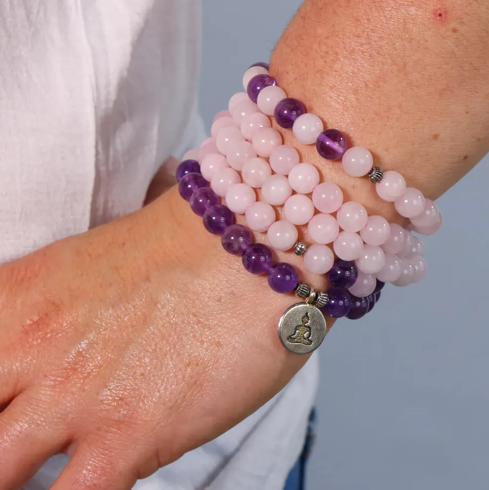 Mala Bouddha en quartz rose et améthyste | 108 perles
