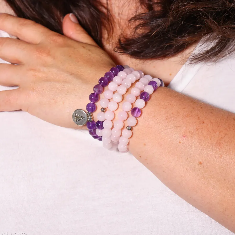Mala Bouddha en quartz rose et améthyste | 108 perles