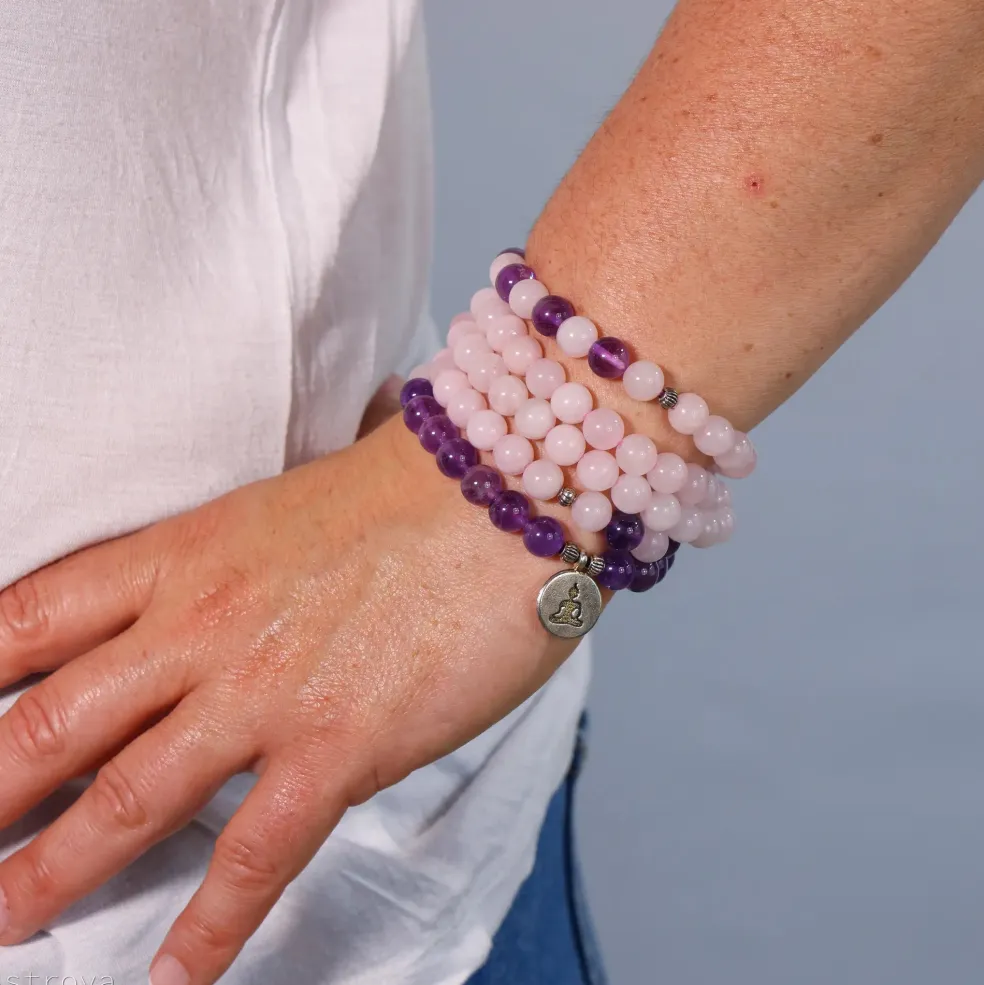 Mala Bouddha en quartz rose et améthyste | 108 perles