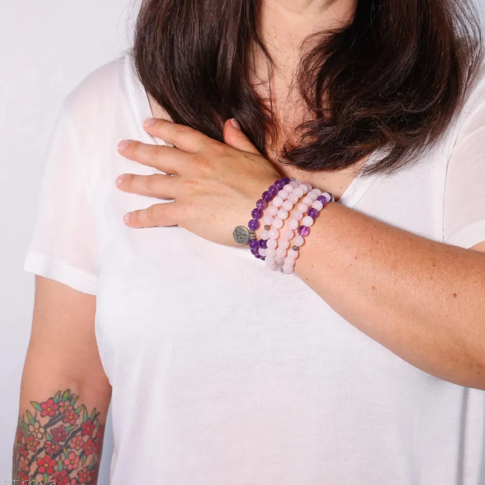 Mala Bouddha en quartz rose et améthyste | 108 perles