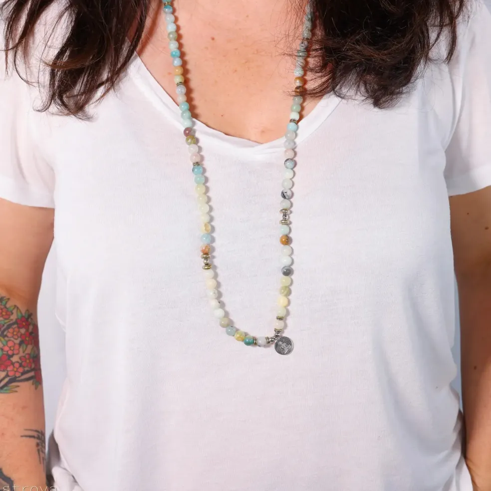 Mala en Amazonite avec charm Bouddha | 108 perles