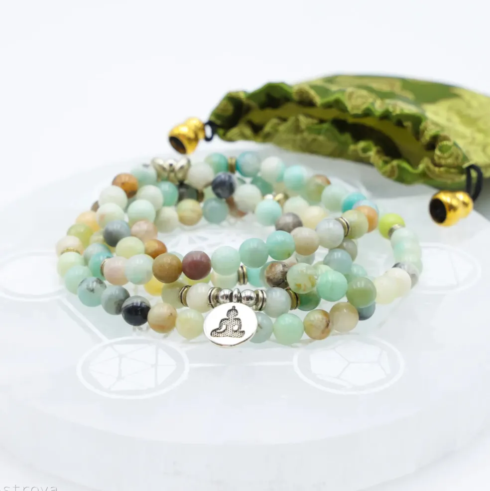 Mala en Amazonite avec charm Bouddha | 108 perles