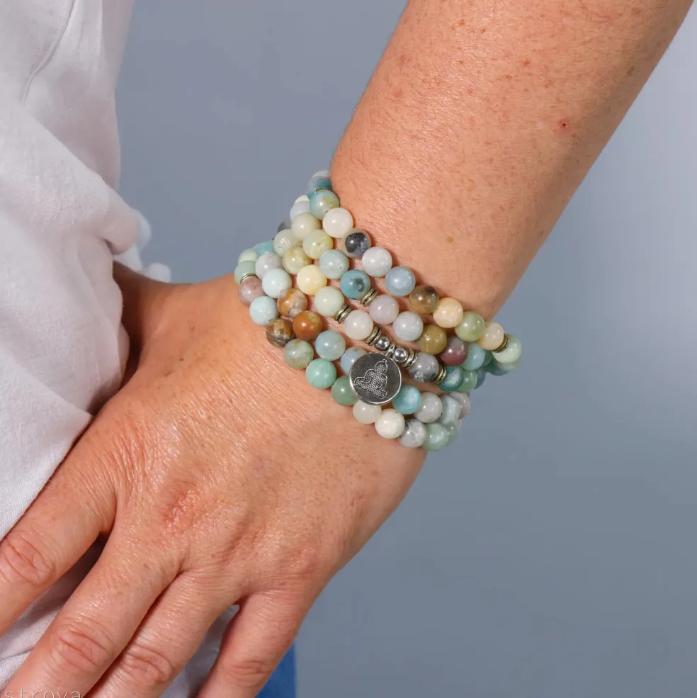 Mala en Amazonite avec charm Bouddha | 108 perles