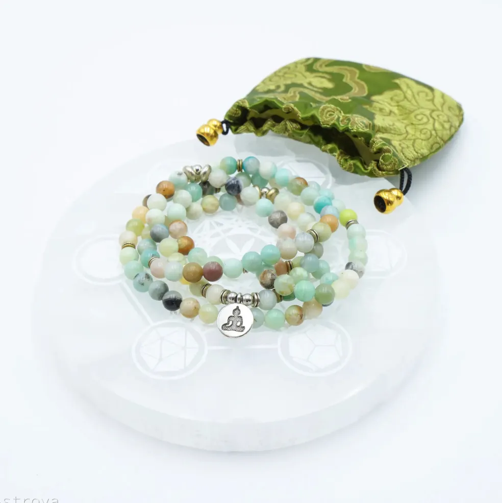Mala en Amazonite avec charm Bouddha | 108 perles