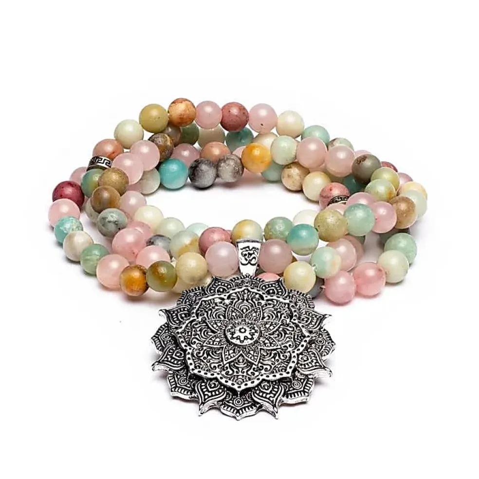 Mala Lotus - Rose Quartz, Amazonite, Rhodonite | 108 perles