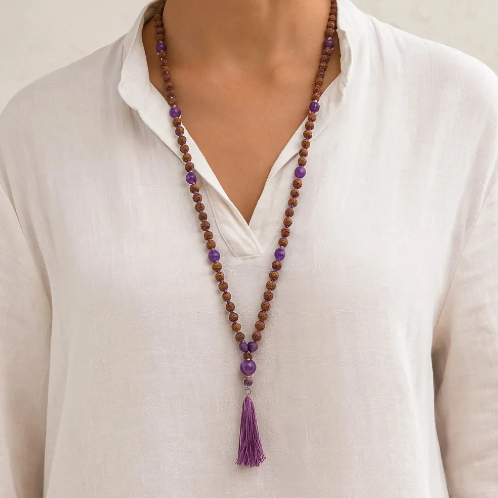 Mala Rudraksha & Améthyste Violet | 108 perles