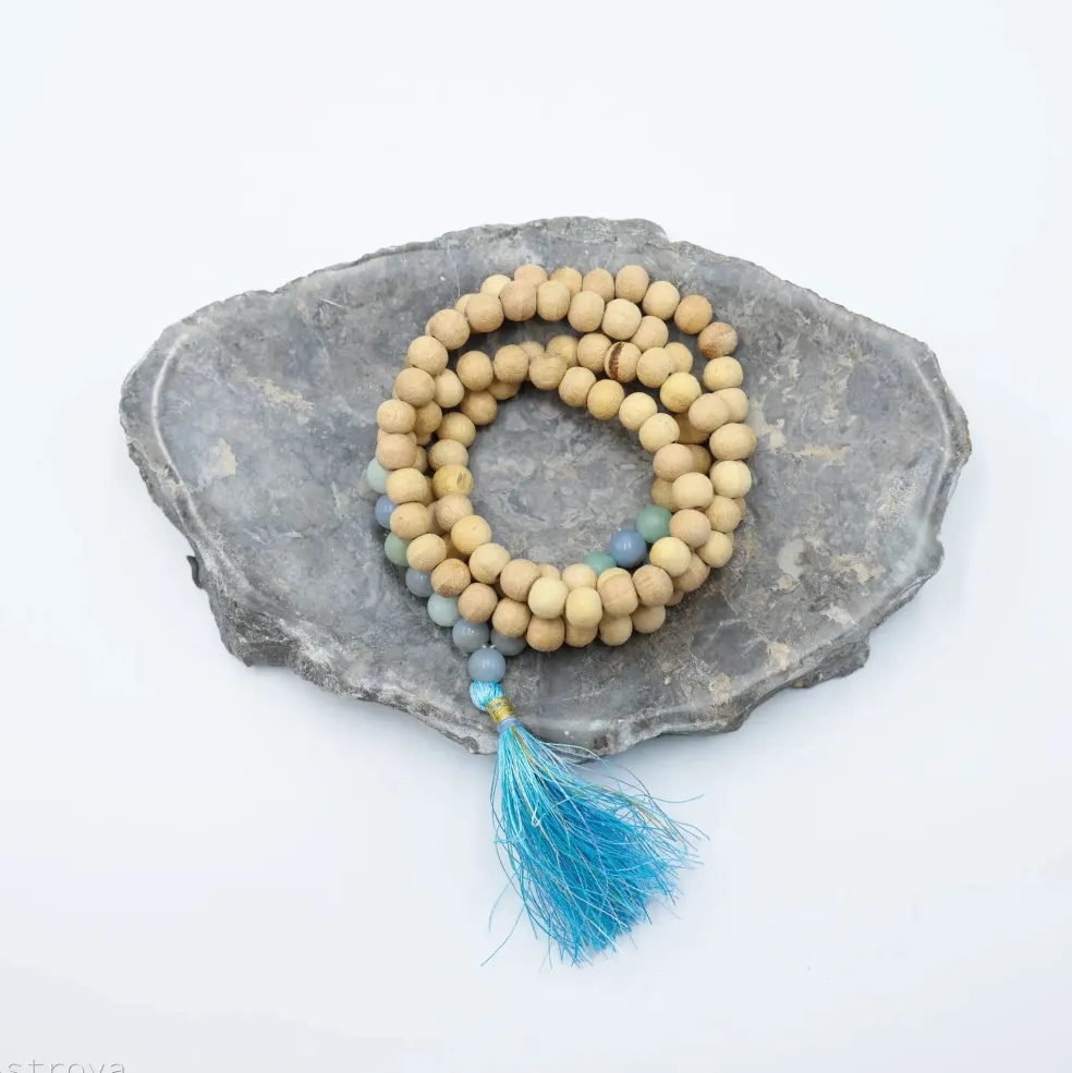 Mala Tulsi, Angélite & Amazonite
