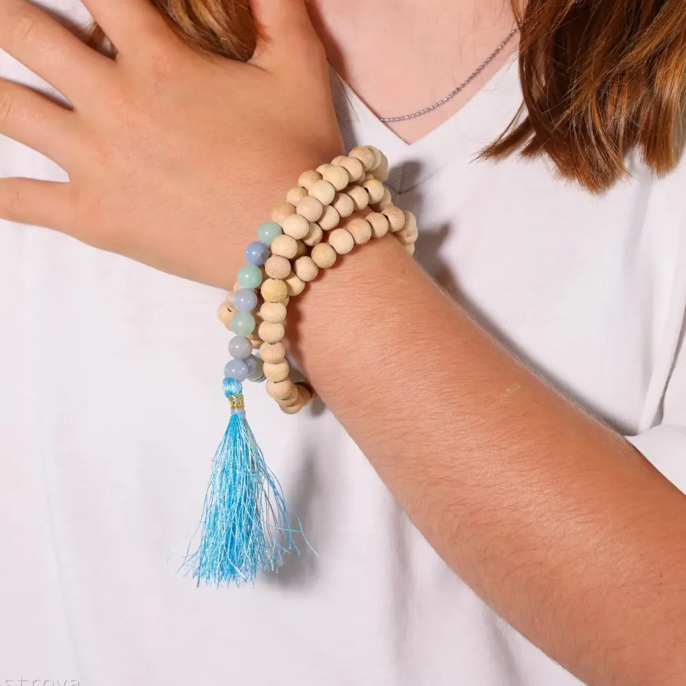 Mala Tulsi, Angélite & Amazonite