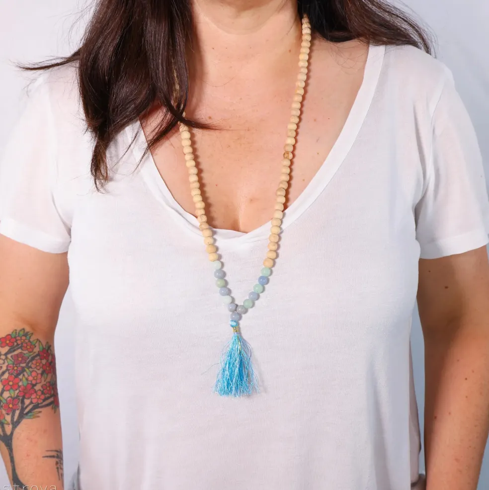 Mala Tulsi, Angélite & Amazonite