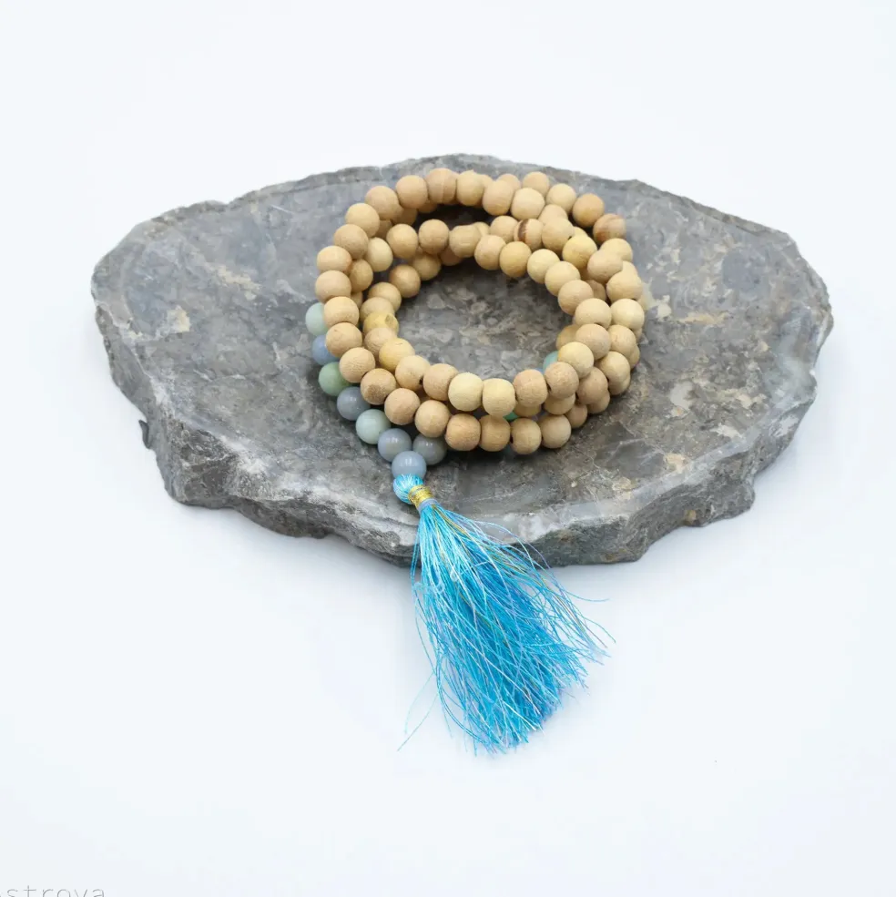 Mala Tulsi, Angélite & Amazonite