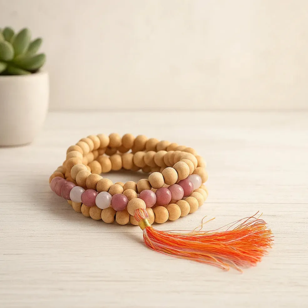 Mala Tulsi avec Thulite et Quartz Rose | 108 perles