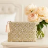 Pochette zippée en velours beige | broderie Fleur de vie