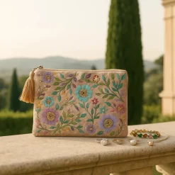 Pochette zippée en velours Beige | broderie Fleurs