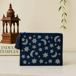 Pochette zippée en velours Bleu Foncée| broderie Lunes et Etoiles
