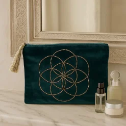 Pochette zippée en velours Bleu Pétrole | broderie Graine de Vie