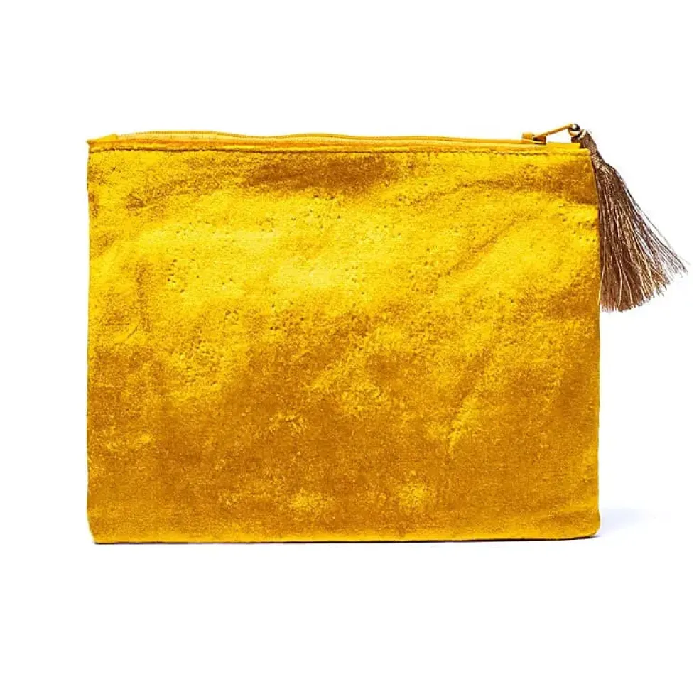 Pochette zippée en velours Jaune | broderie Soleil