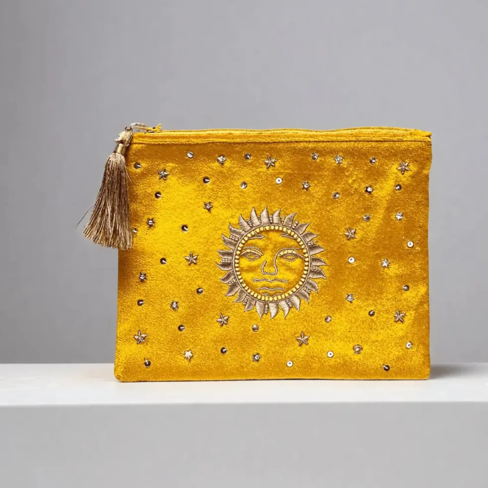 Pochette zippée en velours Jaune | broderie Soleil
