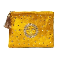 Pochette zippée en velours Jaune | broderie Soleil