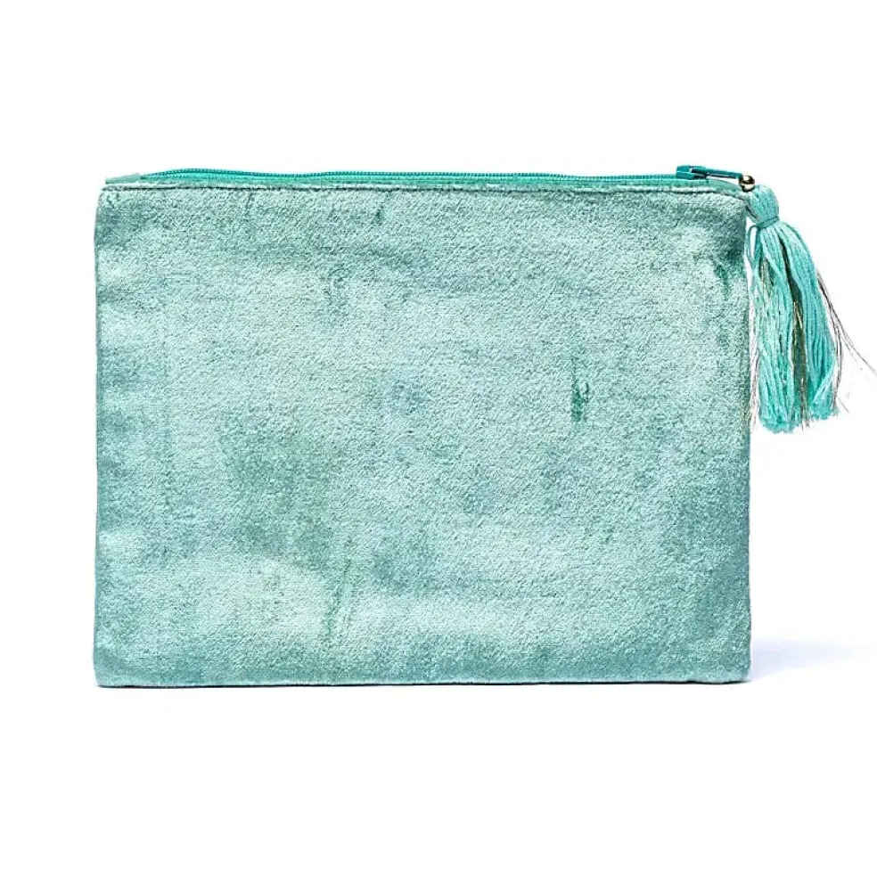 Pochette zippée en velours menthe | broderie Phases Lunaires