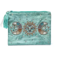 Pochette zippée en velours menthe | broderie Phases Lunaires