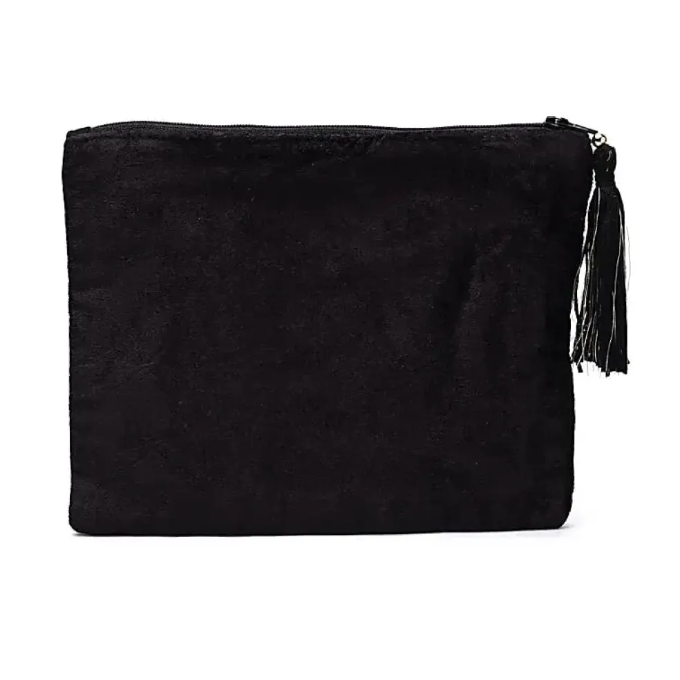 Pochette zippée en velours Noir | broderie Phases de Lune