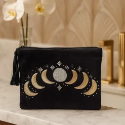 Pochette zippée en velours Noir | broderie Phases de Lune