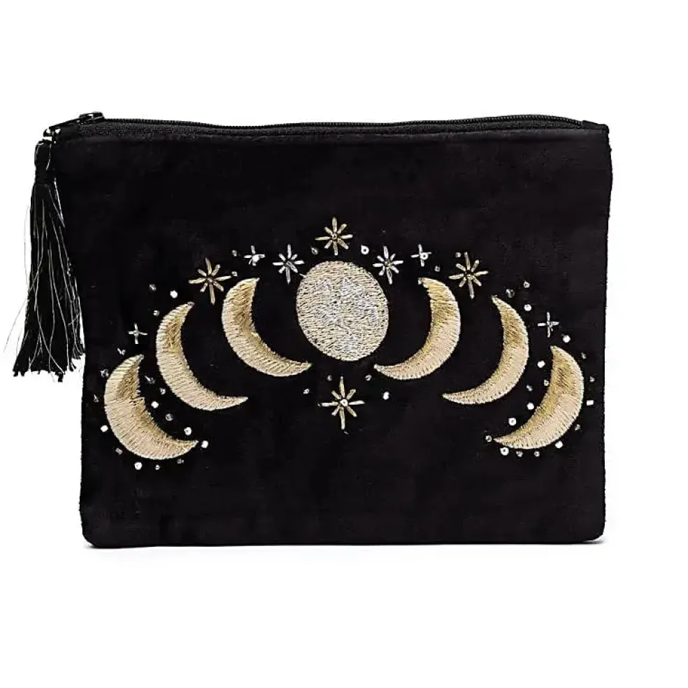 Pochette zippée en velours Noir | broderie Phases de Lune