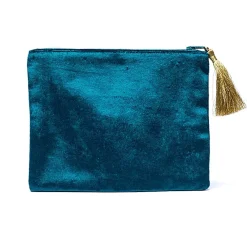 Pochette zippée en velours Pétrole | broderie Œil